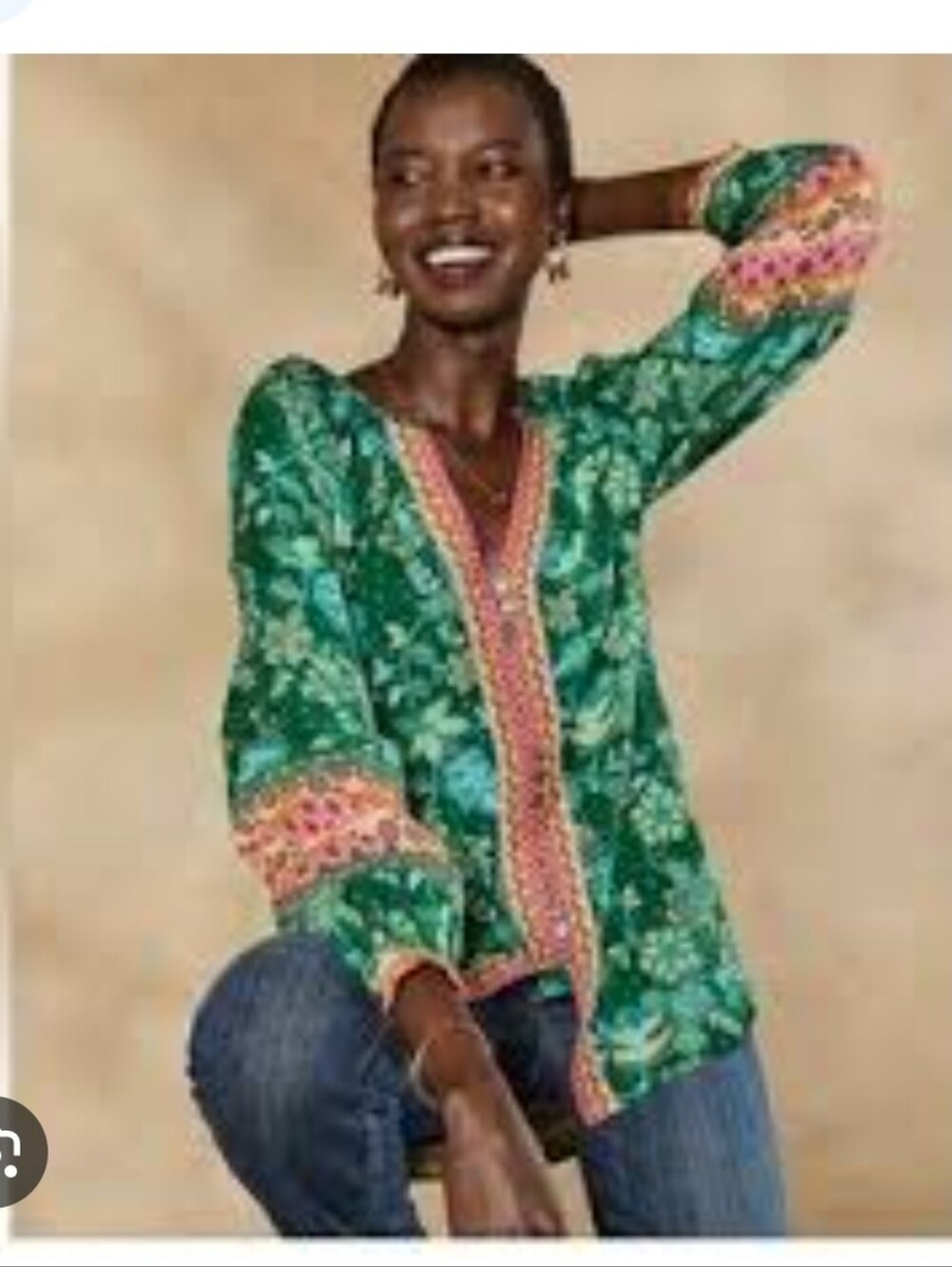 Sundance Arvilla Jade Green Floral Bohemian Inspired Blouse